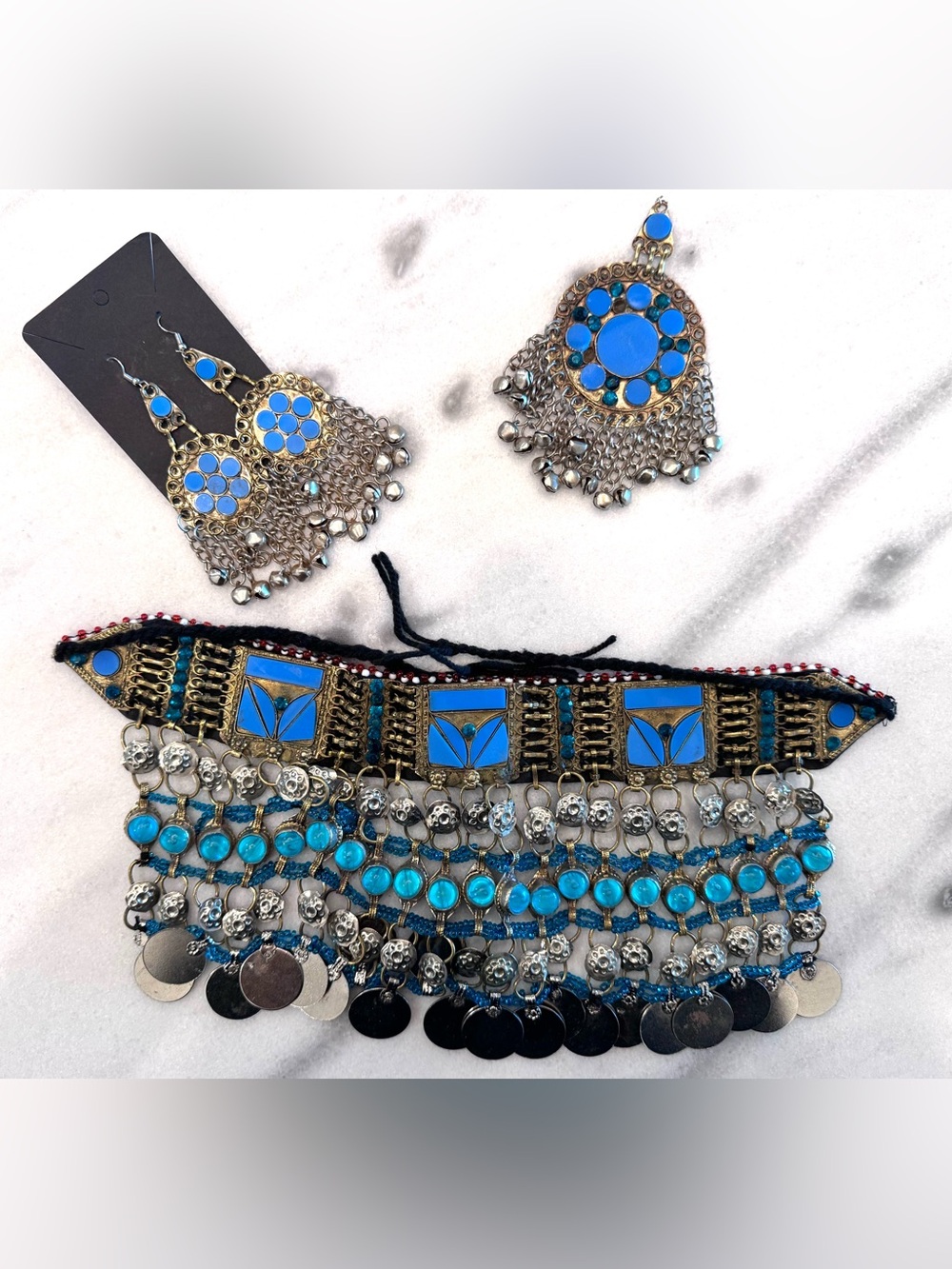 Handmade Tribal Coin Choker Necklace, Earrings, Headpiece Set - Turquoise